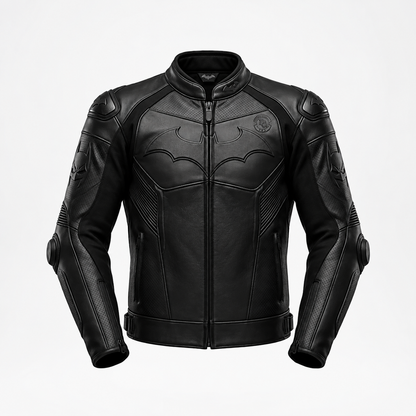 A black leather motorcycle jacket featuring a Batman-inspired bat emblem on the chest and shoulders, displayed on a clean white background.