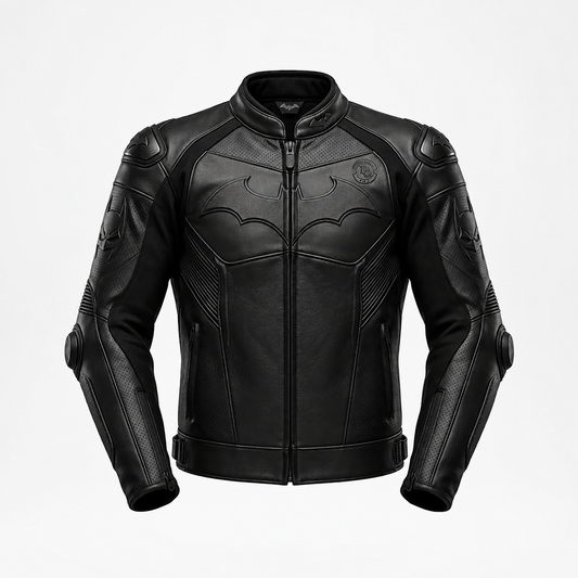 A black leather motorcycle jacket featuring a Batman-inspired bat emblem on the chest and shoulders, displayed on a clean white background.