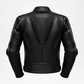 Black leather motorcycle jacket shown from the back, featuring integrated protective armor plates on the shoulders and elbows, and textured paneling on the back, set against a plain white background.