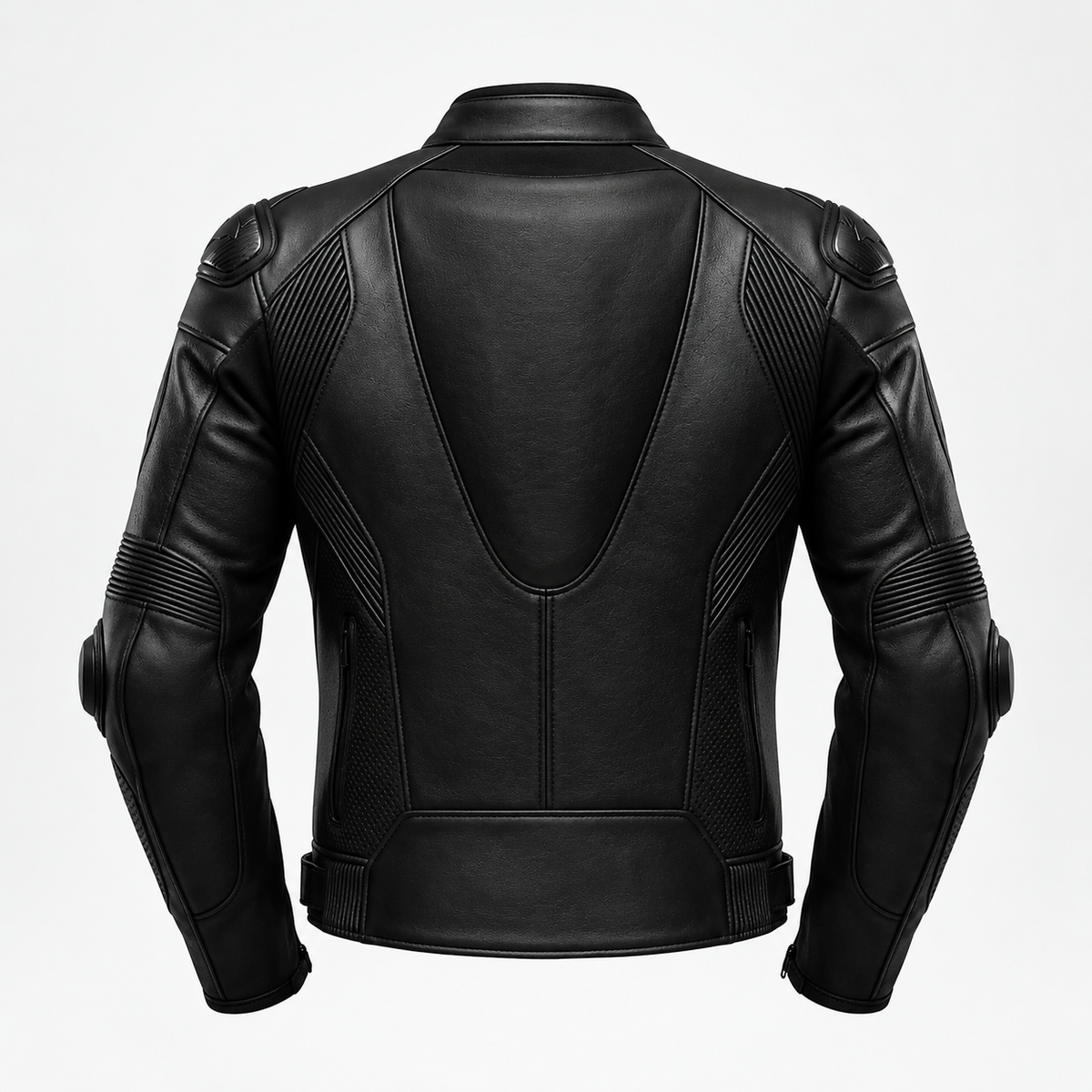 Black leather motorcycle jacket shown from the back, featuring integrated protective armor plates on the shoulders and elbows, and textured paneling on the back, set against a plain white background.