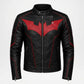 Black leather motorcycle jacket featuring a red bat-shaped chest emblem, red piping details, and a front zipper