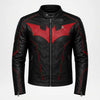 Black leather motorcycle jacket featuring a red bat-shaped chest emblem, red piping details, and a front zipper