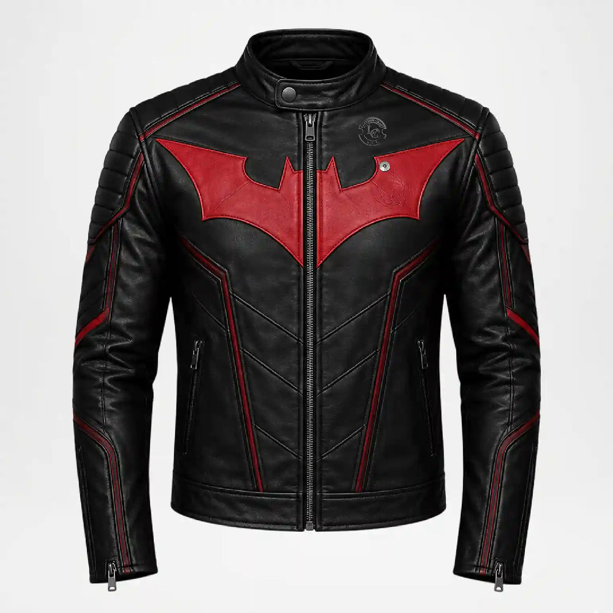Black leather motorcycle jacket featuring a red bat-shaped chest emblem, red piping details, and a front zipper