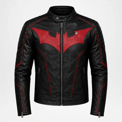 Black leather motorcycle jacket featuring a red bat-shaped chest emblem, red piping details, and a front zipper