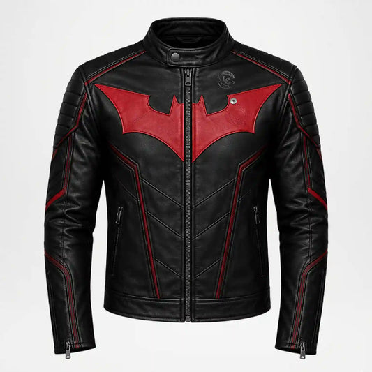 Black leather motorcycle jacket featuring a red bat-shaped chest emblem, red piping details, and a front zipper