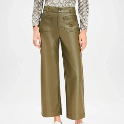 Women’s Olive Green Leather Crop Pants
