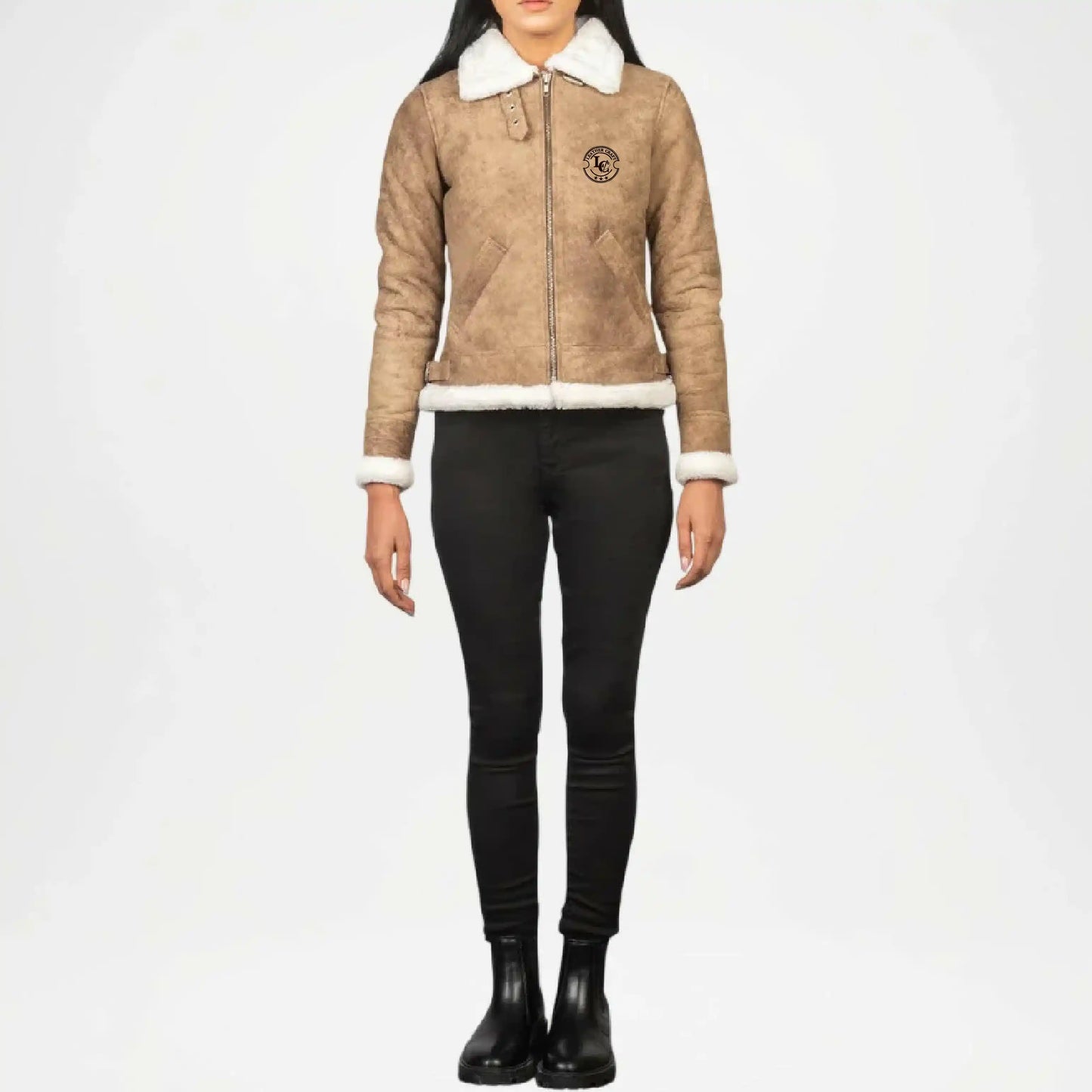 beige brown bomber jacket women shearling