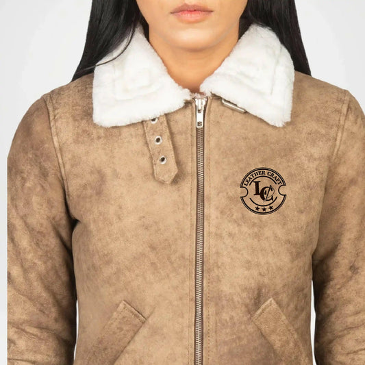 Biege Brown B3 Shearling Bomber Jacket for Women