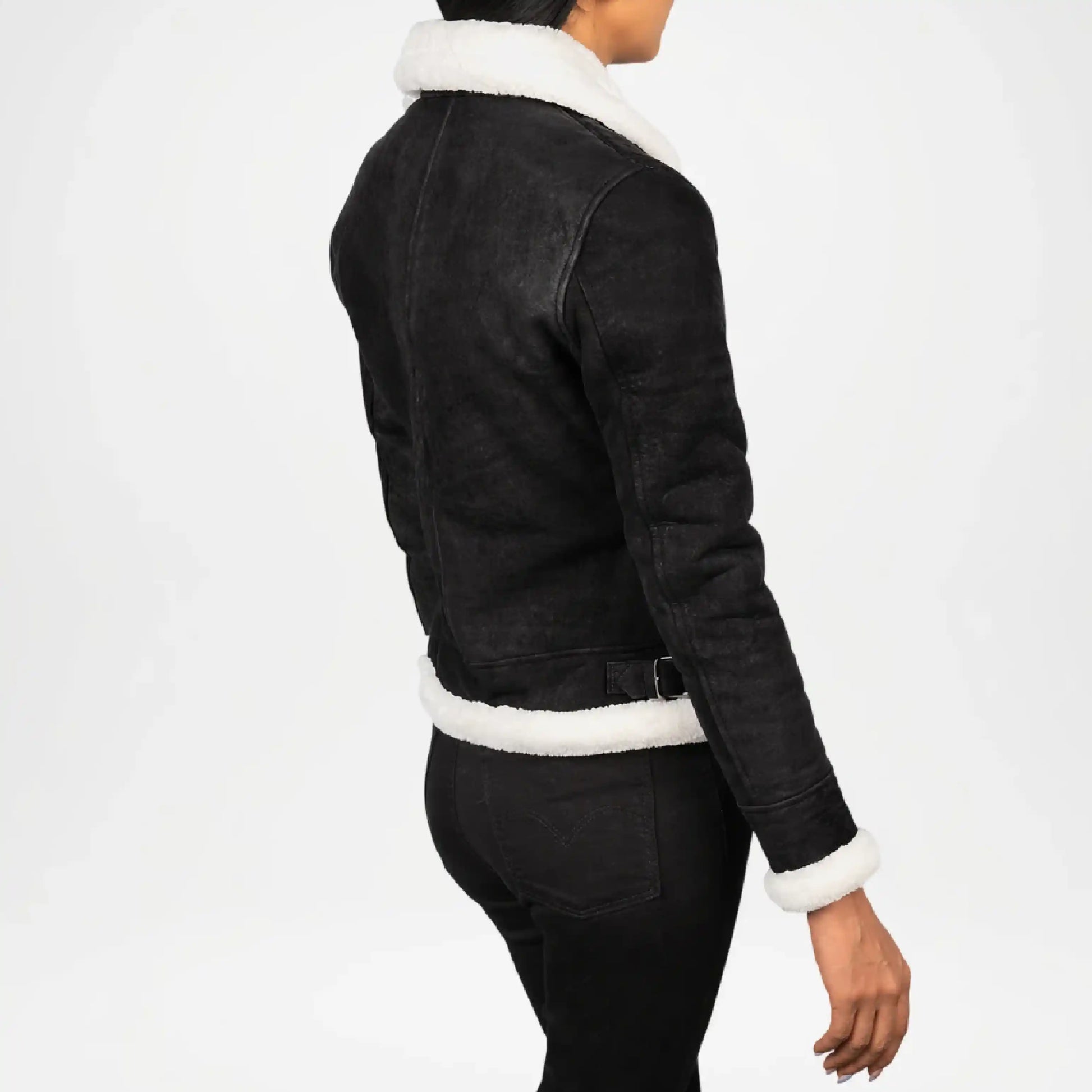 Black jacket with white trim back view