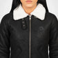 Black leather jacket with white fur collar on a plain background