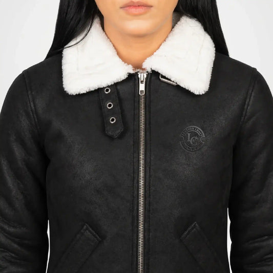 Black leather jacket with white fur collar on a plain background