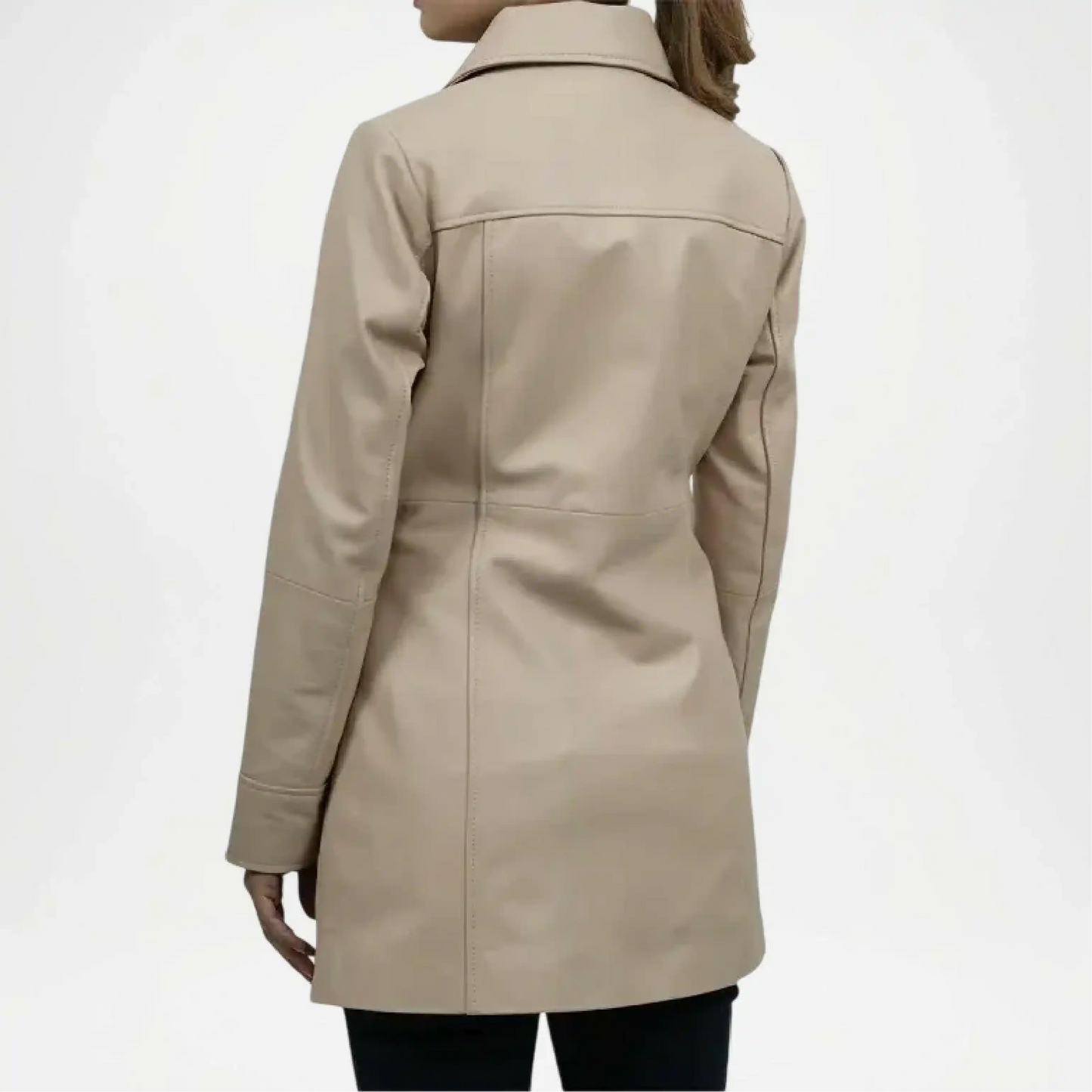 womens beige long leather jacket