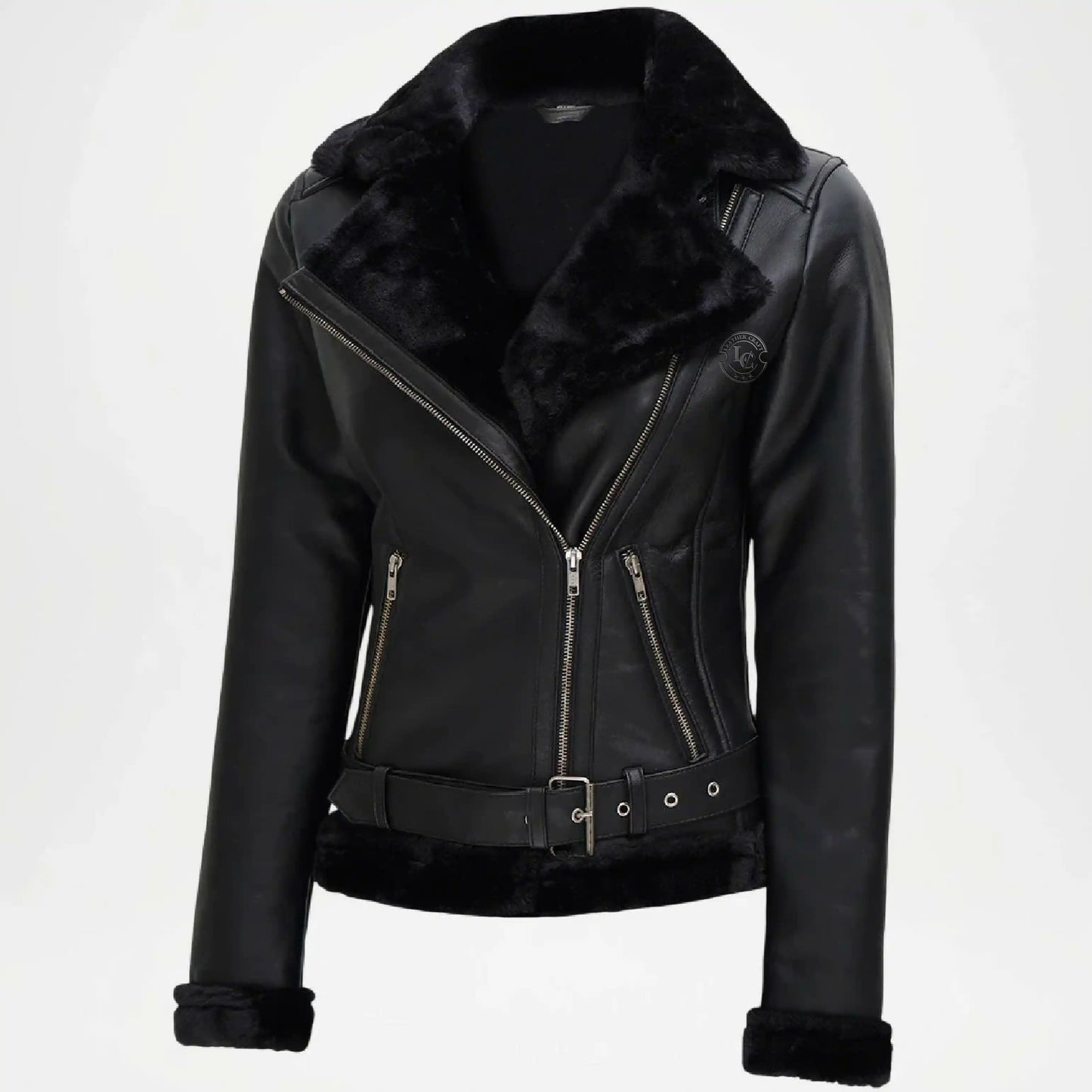 Black Asymmetrical Shearling Leather Jacket for Women