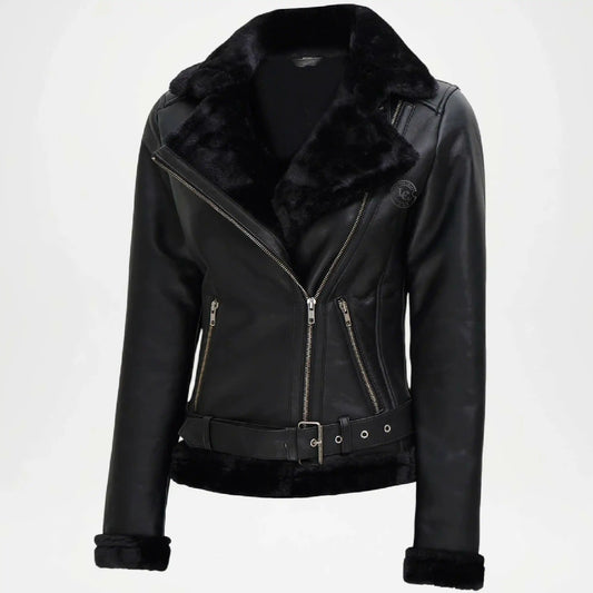 Black Asymmetrical Shearling Leather Jacket for Women