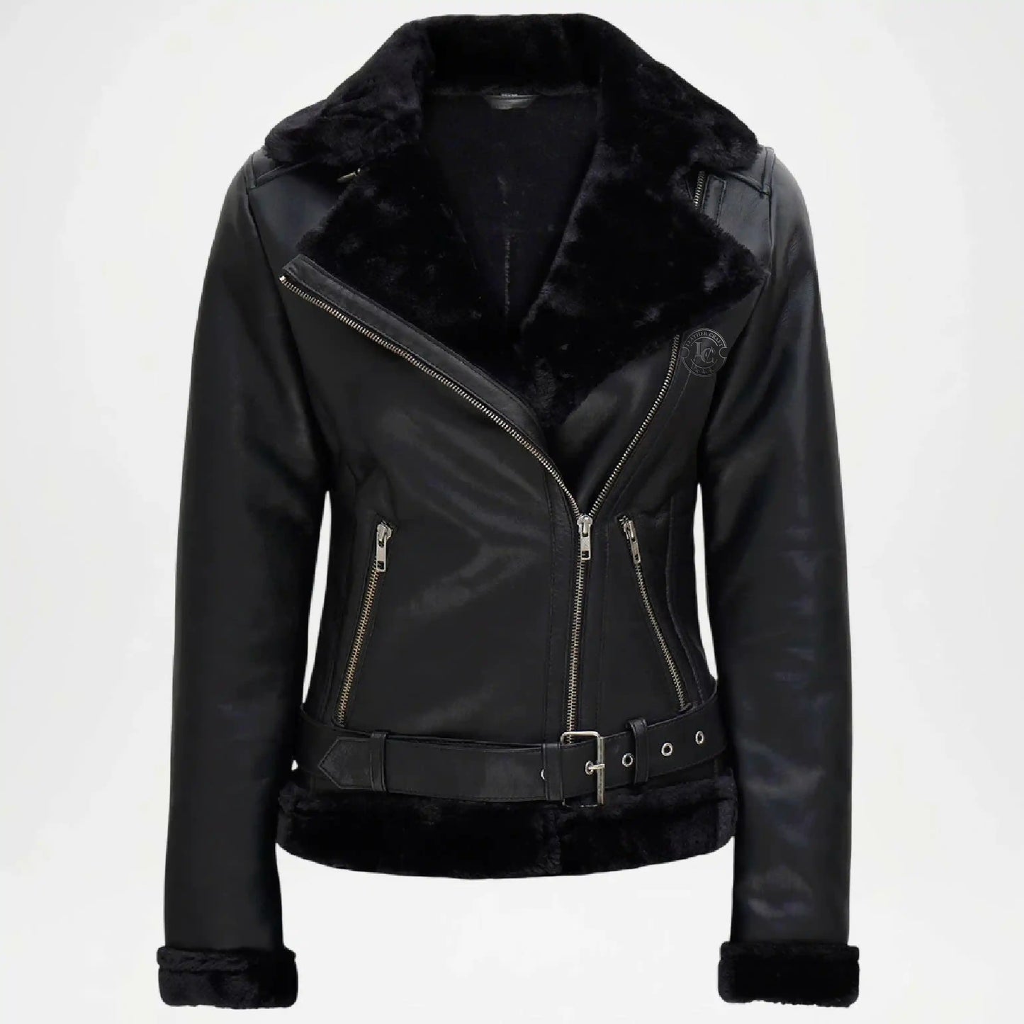 Black Asymmetrical Shearling Leather Jacket for Women