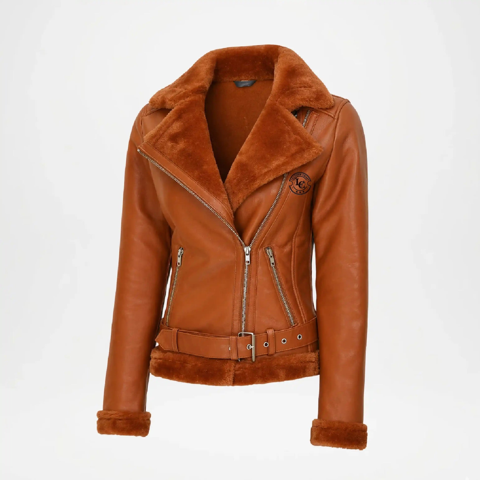 Womens Shearling Leather Jacke Brown Winter Biker 