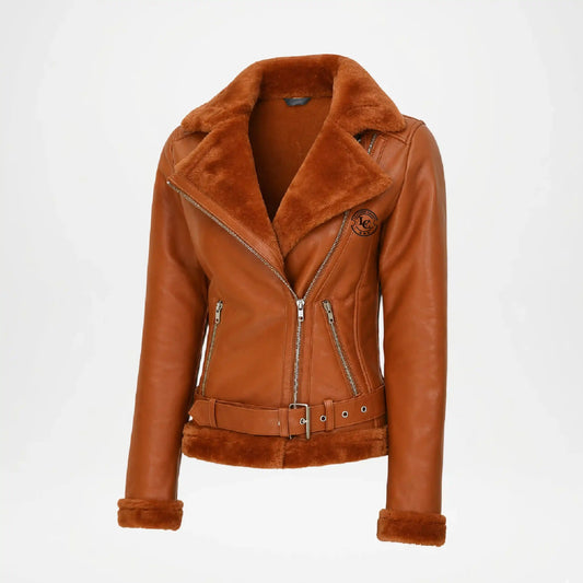 Womens Shearling Leather Jacke Brown Winter Biker 