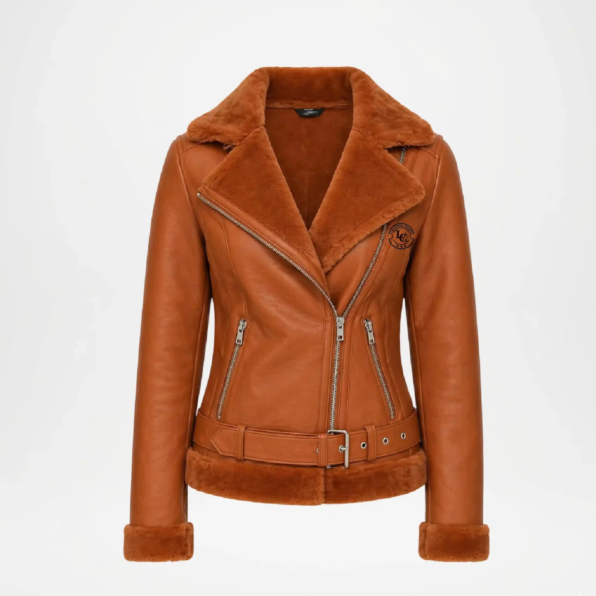 Brown leather jacket with fur collar 