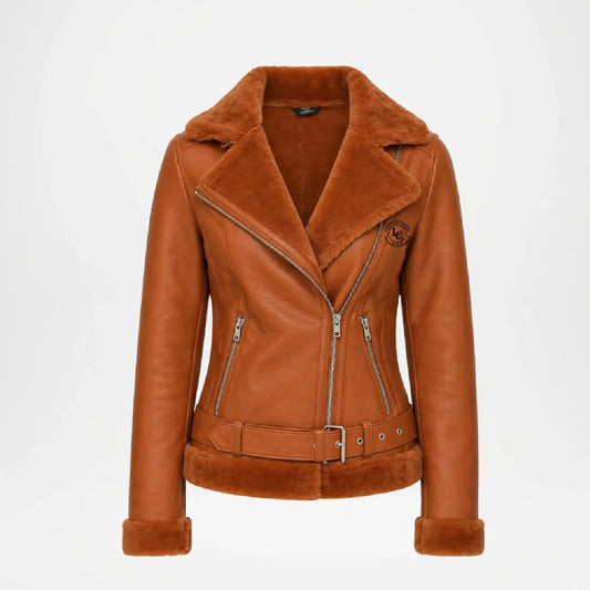 Brown leather jacket with fur collar 