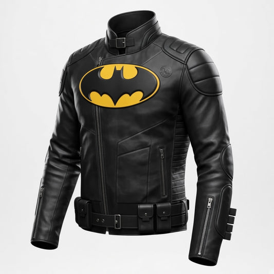 Black leather motorcycle jacket featuring a large yellow Batman logo on the chest, shown on a light gray background.