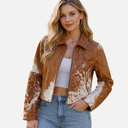 Brown Cow Print Jacket Women Cropped Western Style