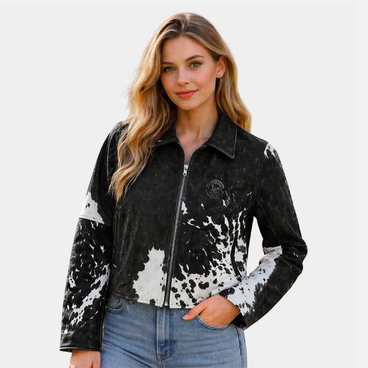 Black Cow Print Jacket Women Cropped Western Style
