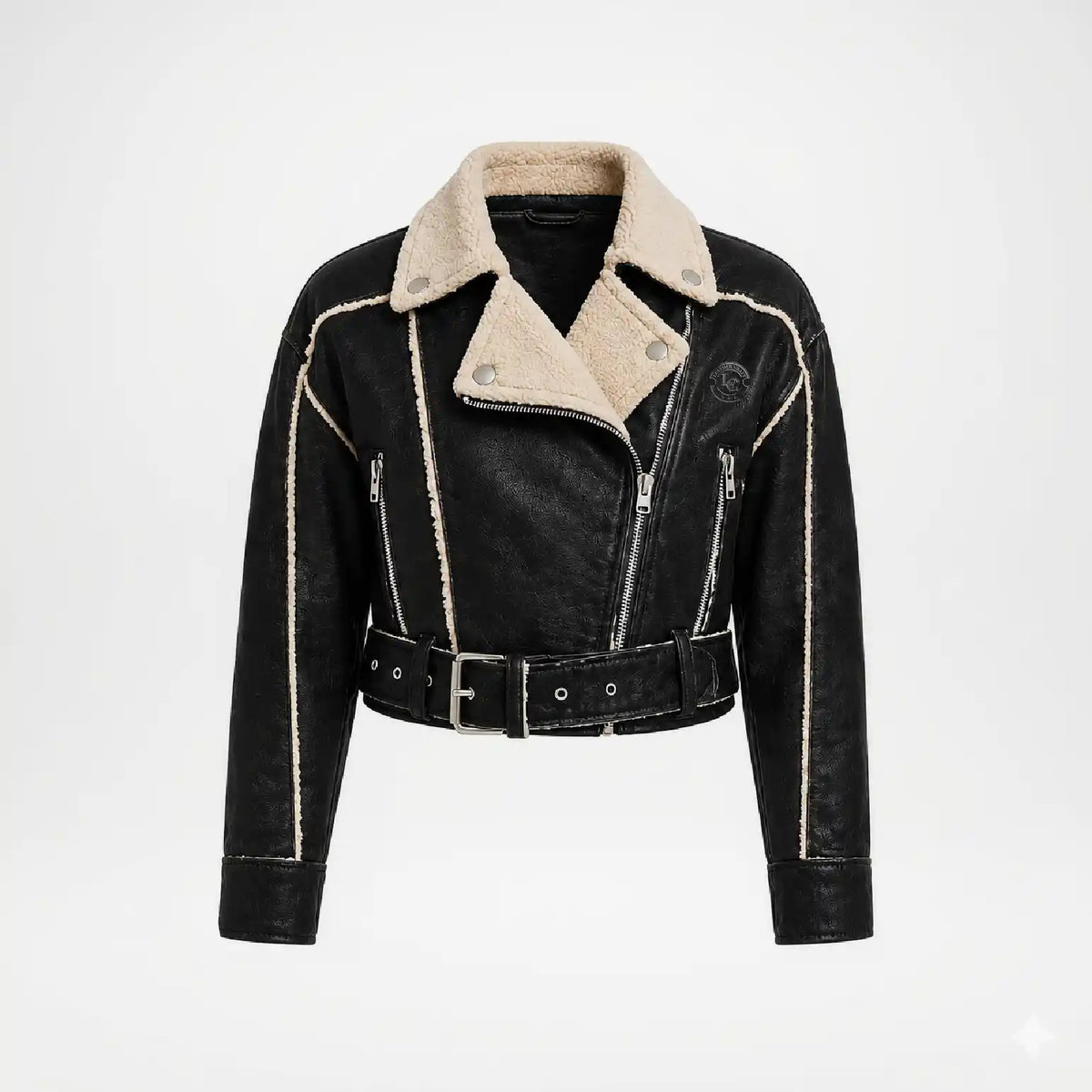A cropped black faux-leather biker jacket with a beige sherpa fleece collar, beige contrast stitching, and a matching beige-and-black belted waist, shown on a plain white background.
