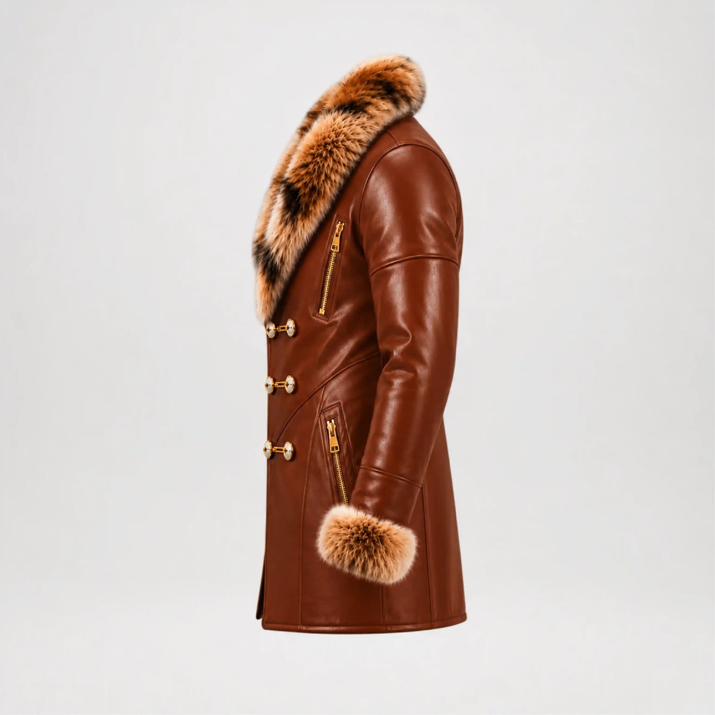 Brown Faux Leather Coat Fur Collar – Men’s Winter Long Coat