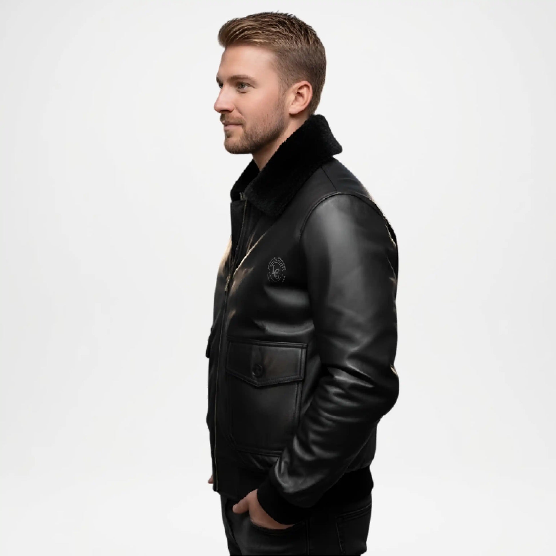 mens black fur collar bomber jacket