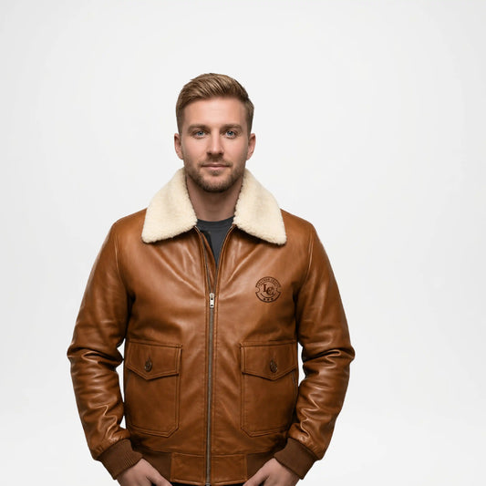 mens brown leather bomber coat