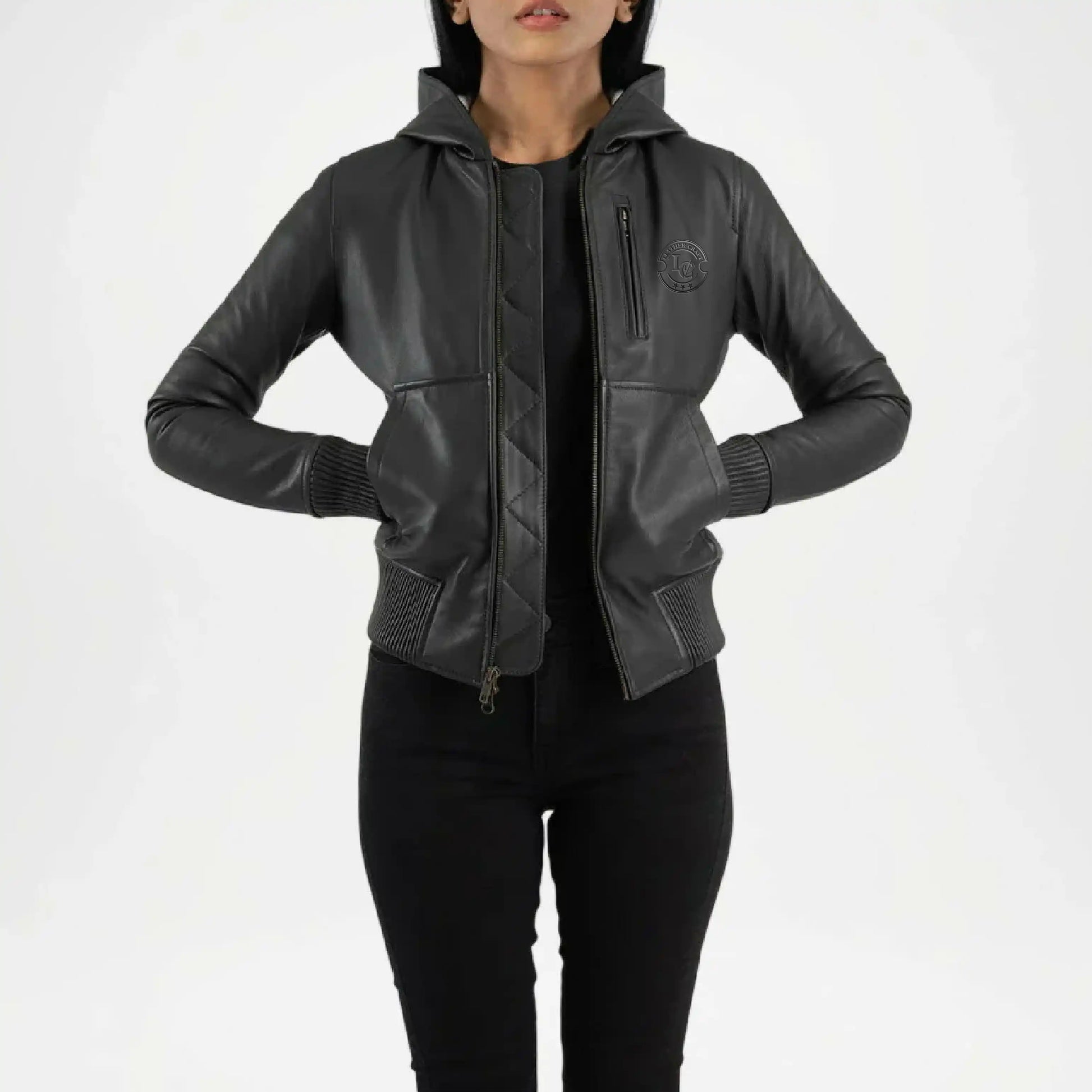 womens black hooded leather bomber jacket