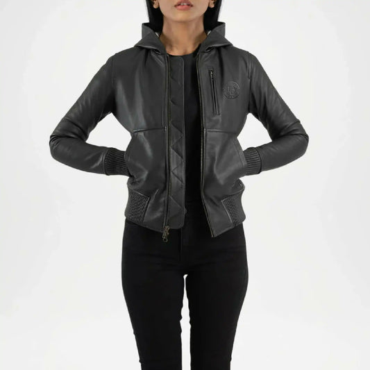 Black Hooded Leather Bomber Jacket for Women