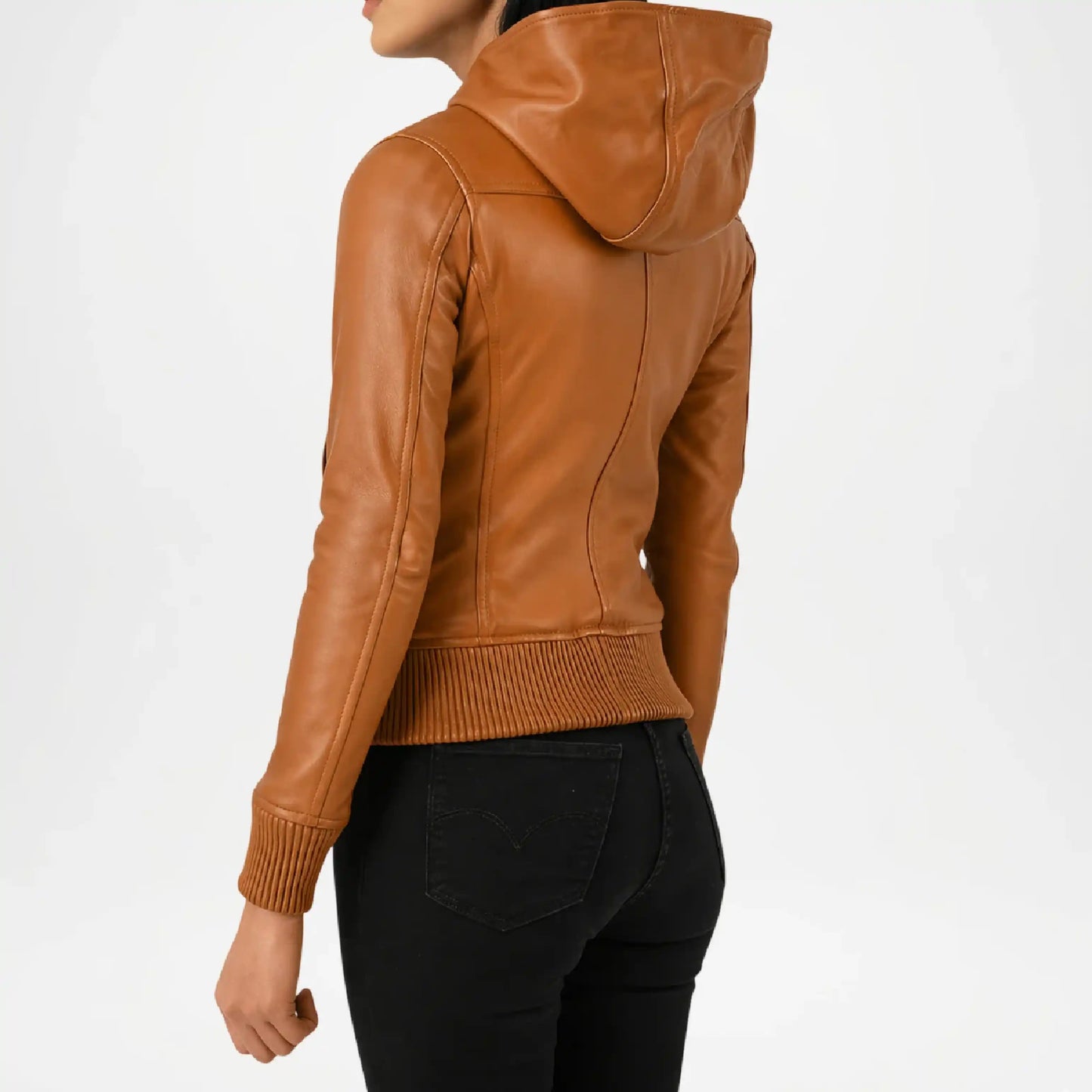 Brown Hooded Leather Bomber Jacket for Women