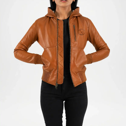 Brown Hooded Leather Bomber Jacket for Women