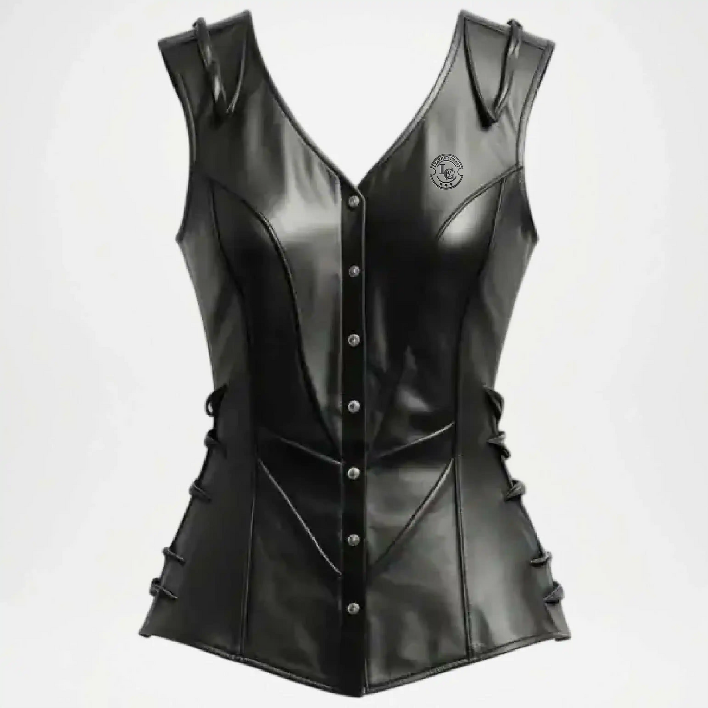 womens black leather biker vest