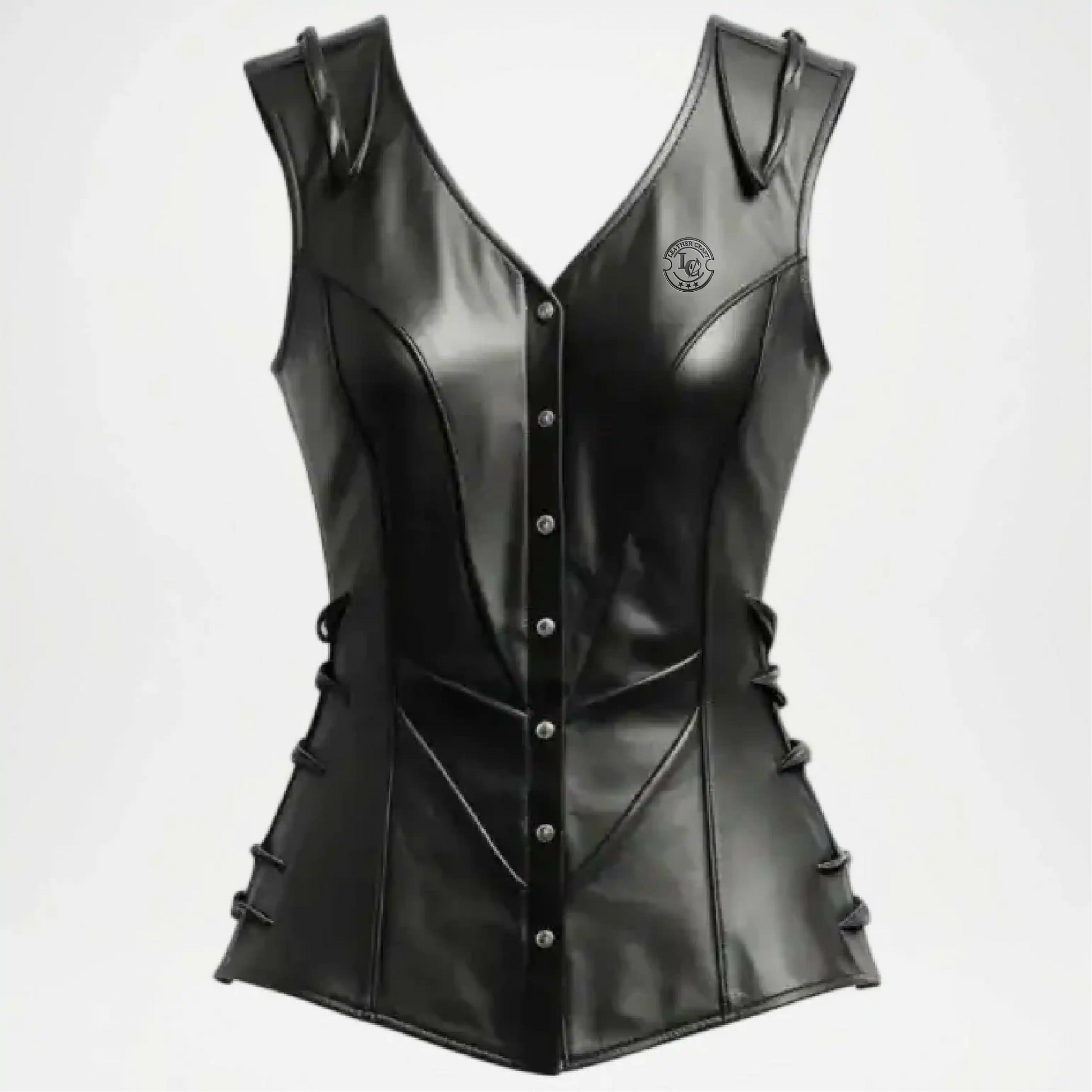 womens black leather biker vest