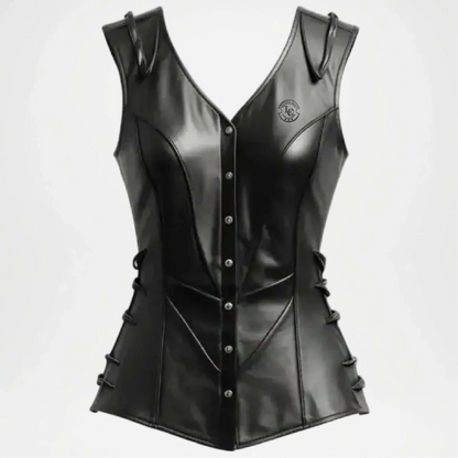 womens black leather biker vest