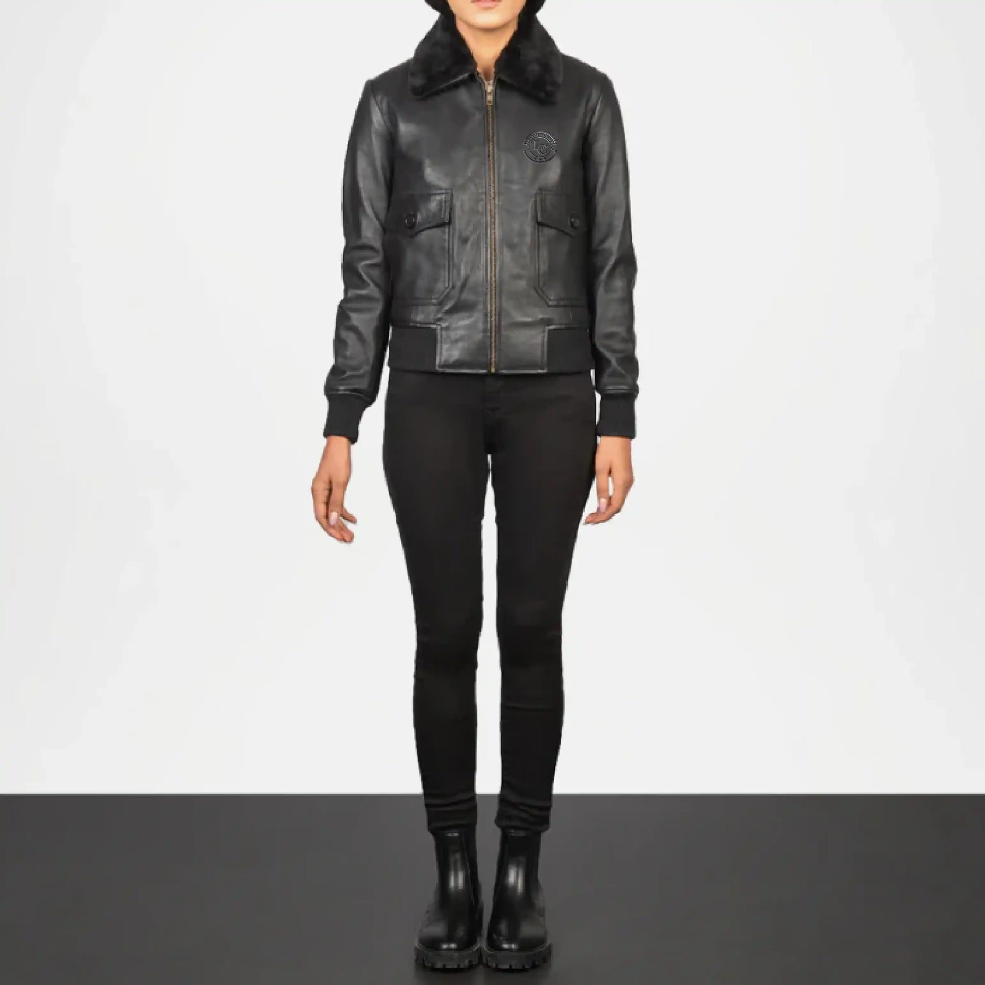 Person wearing a black leather jacket with fur collar 