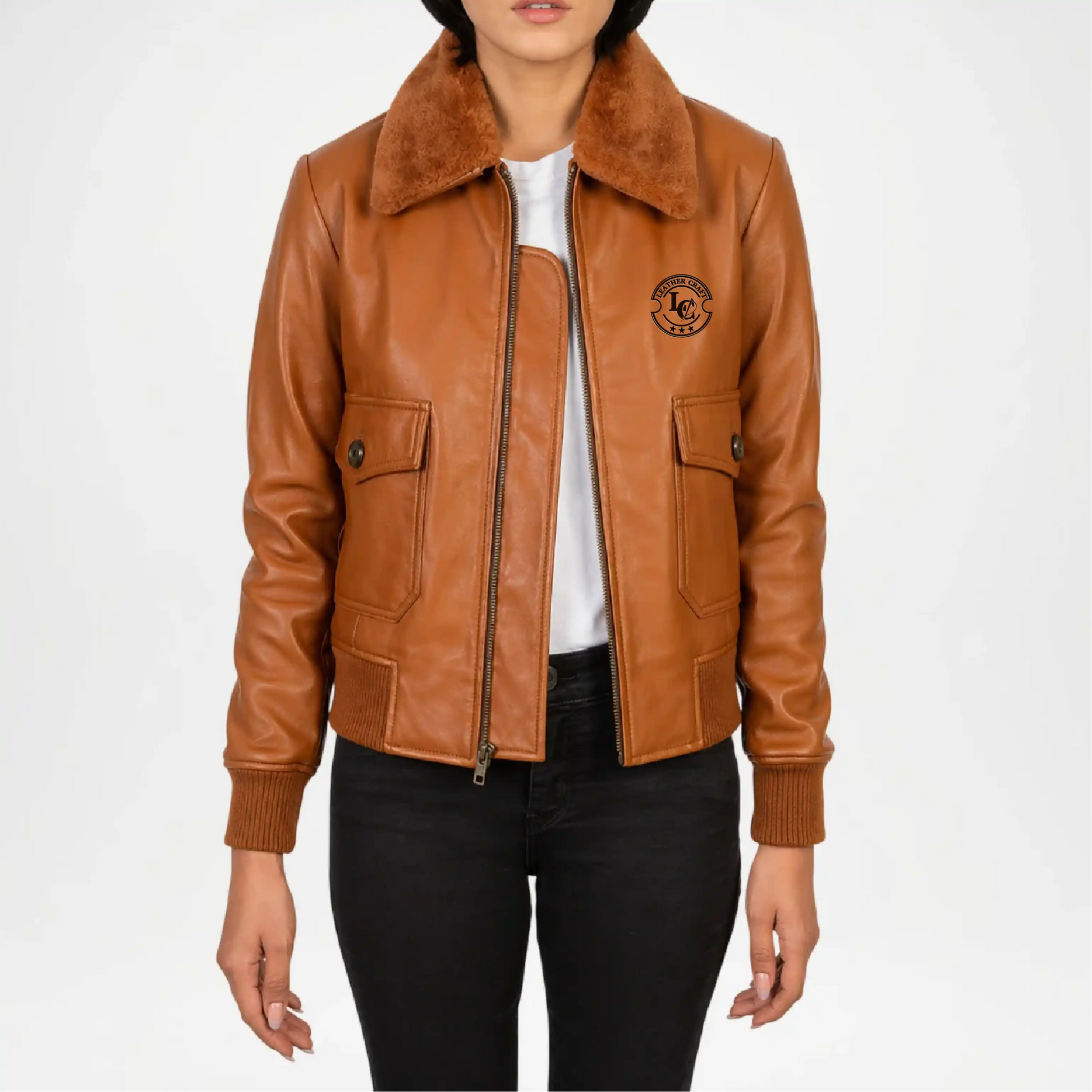 Brown leather jacket with fur collar background