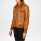Brown leather jacket with a brand logo on a white background