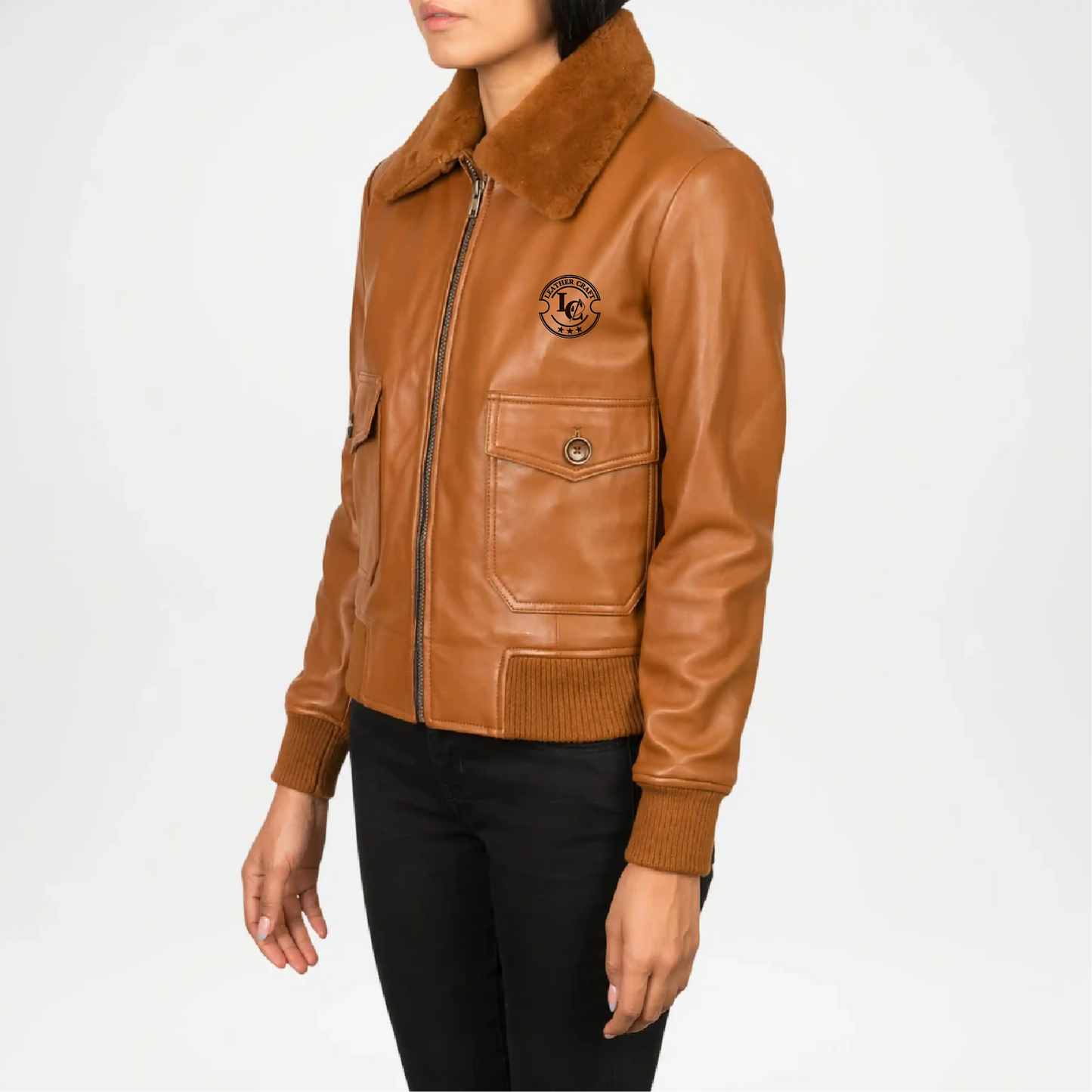 Brown leather jacket with a brand logo on a white background