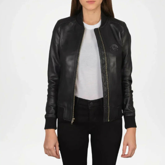 Black Bomber Leather Jacket for Women