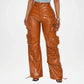 Brown Leather Cargo Pants for Women