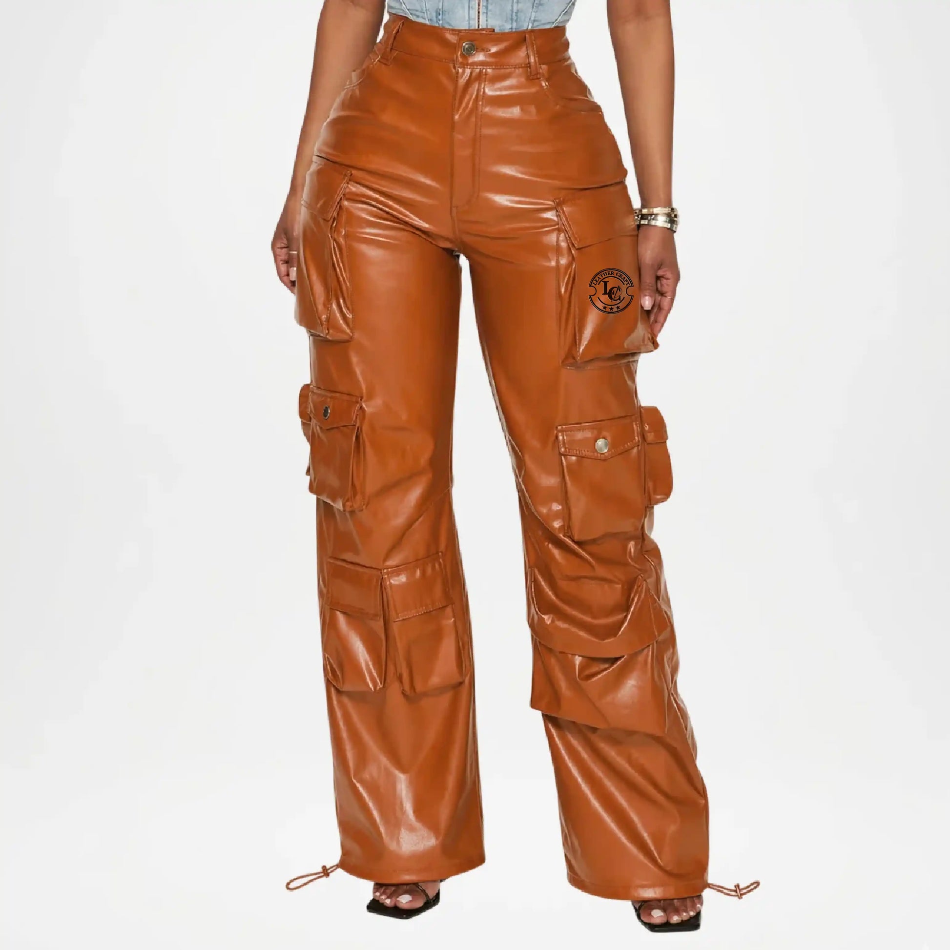 Brown Leather Cargo Pants for Women