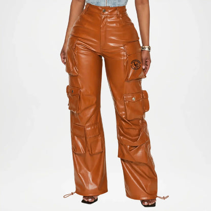 Brown Leather Cargo Pants for Women