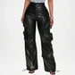 Black Leather Cargo Pants for Women
