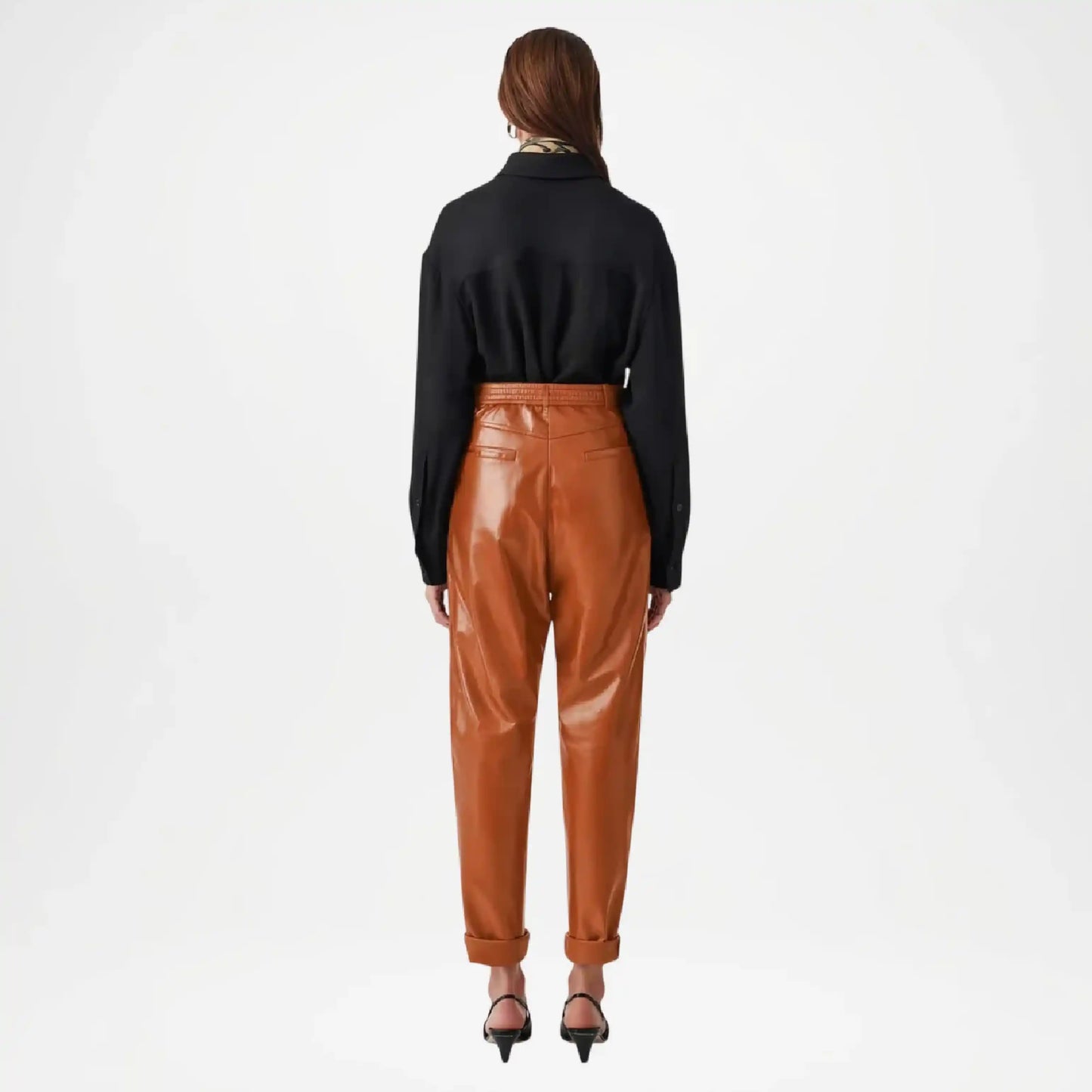 brown leather joggers women back view

