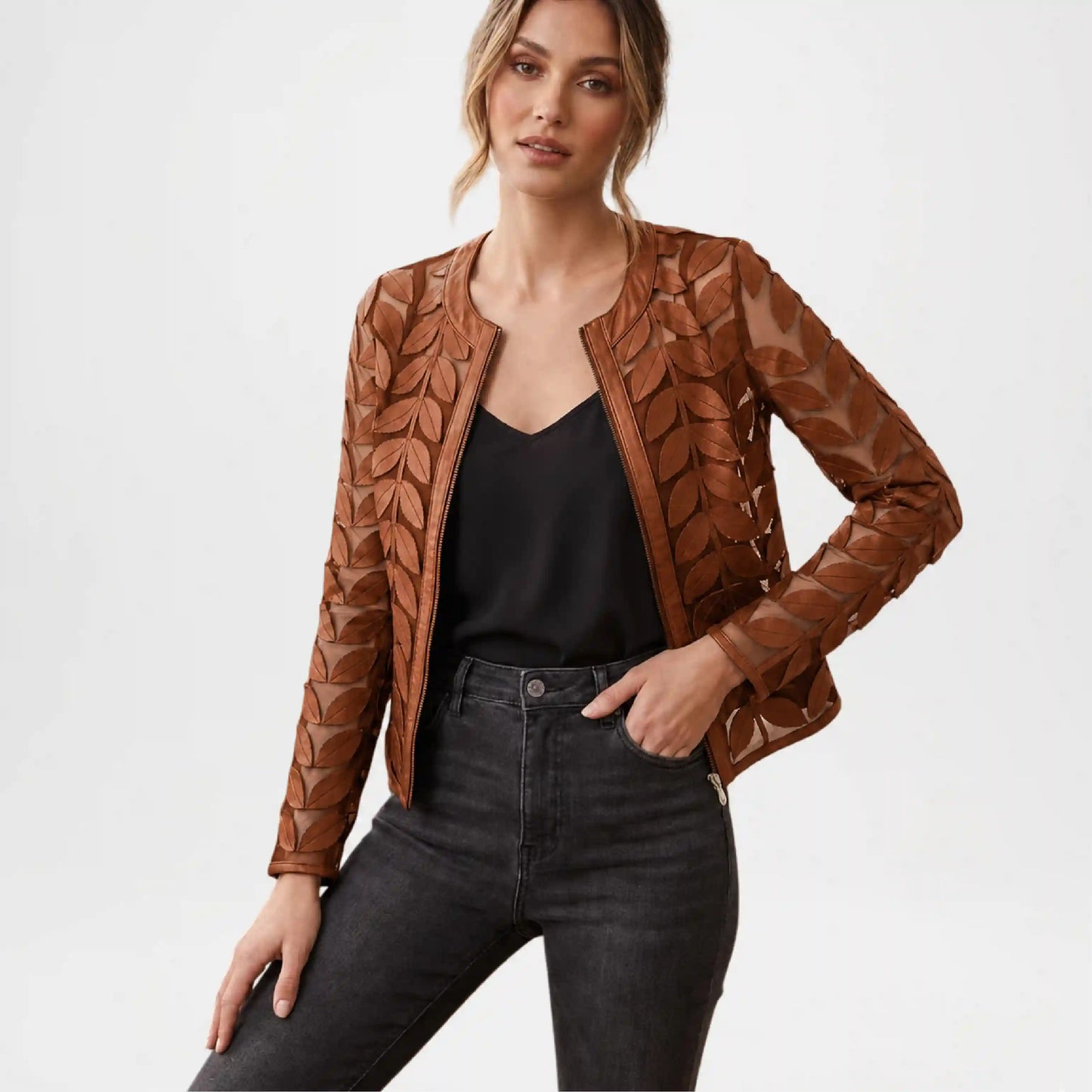Brown Leather Leaf Applique Jacket for Women