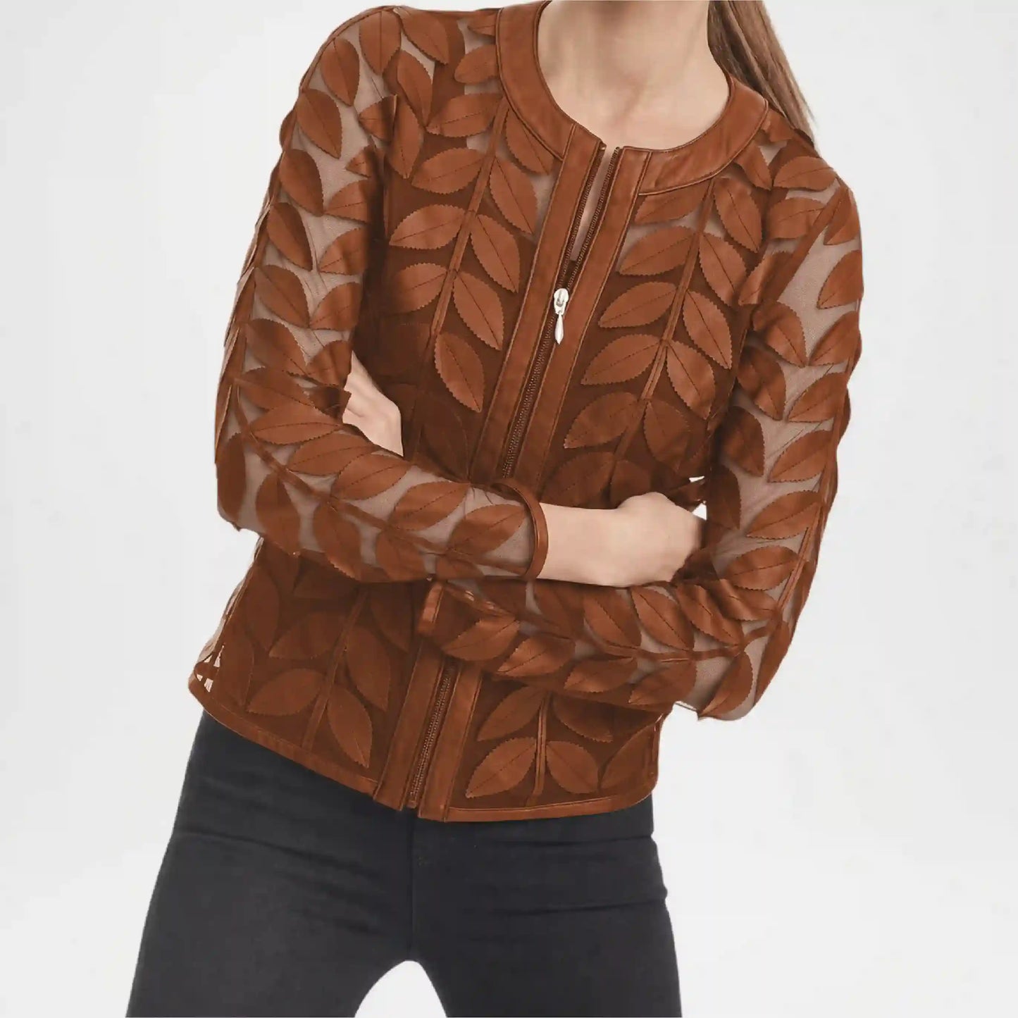 Brown Leather Leaf Applique Jacket for Women