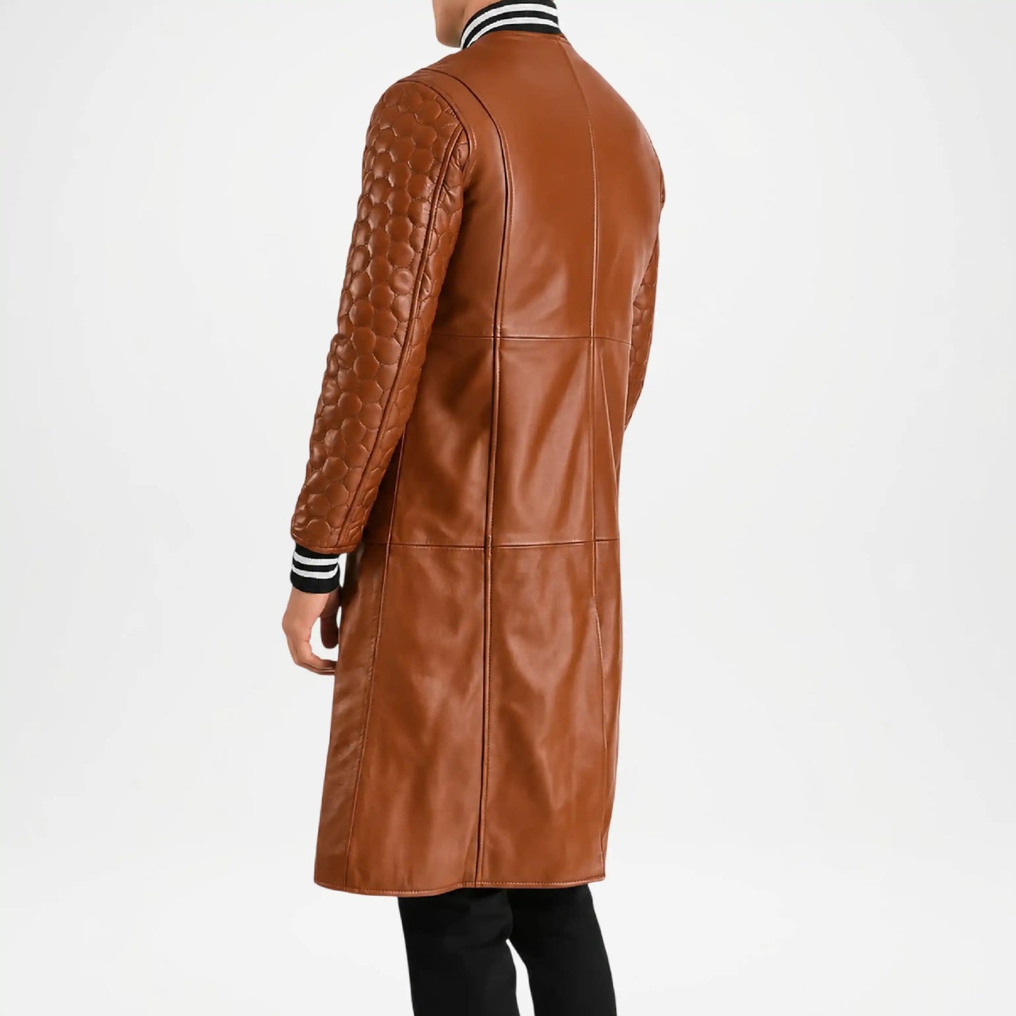 Brown Leather Long Coat with Quilted Sleeves